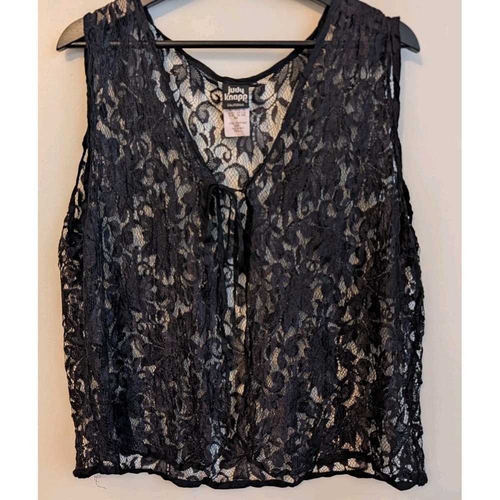 Vtg Judy Knapp Black Lace Sheer Vest Tie Top Size S Oversize Whimsigoth Festival